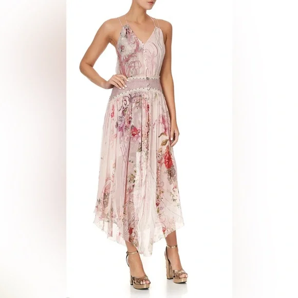 Camilla “Istenanya” pink floral silk strap flowy dress w shirred waistband L/XL?